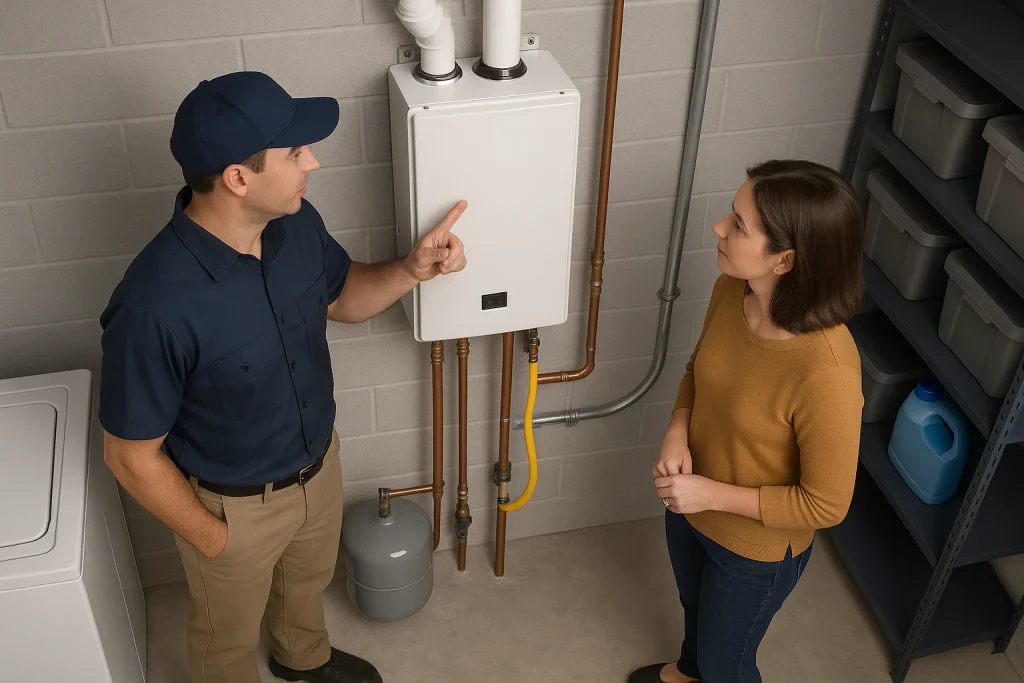 Technician explaining compact tankless water heater installation in utility room