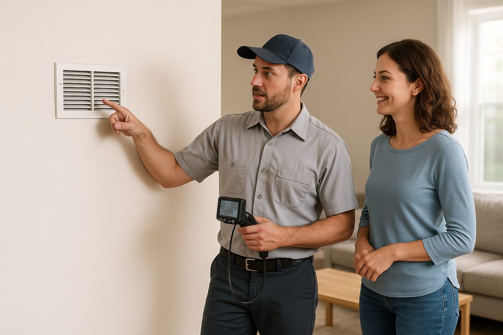 Roswell homeowner discussing duct cleaning with HVAC technician by wall vent