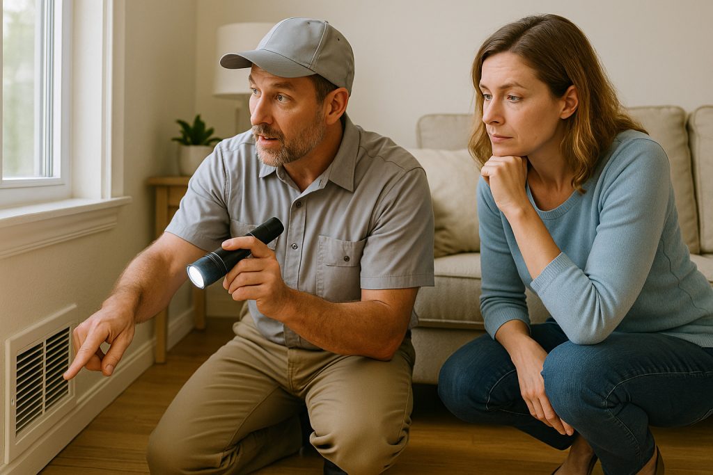 Roswell homeowner reviewing air vent inspection with HVAC technician