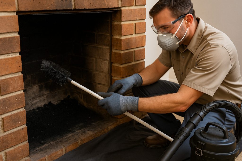 Technician cleaning chimney with professional brush and safety gear