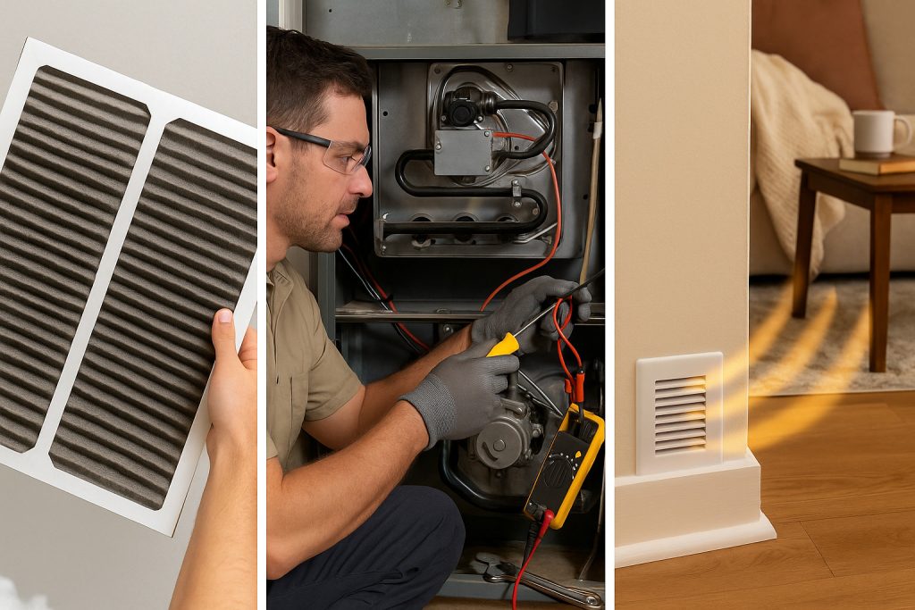 Step-by-step storytelling scene showing heater maintenance checklist tasks
