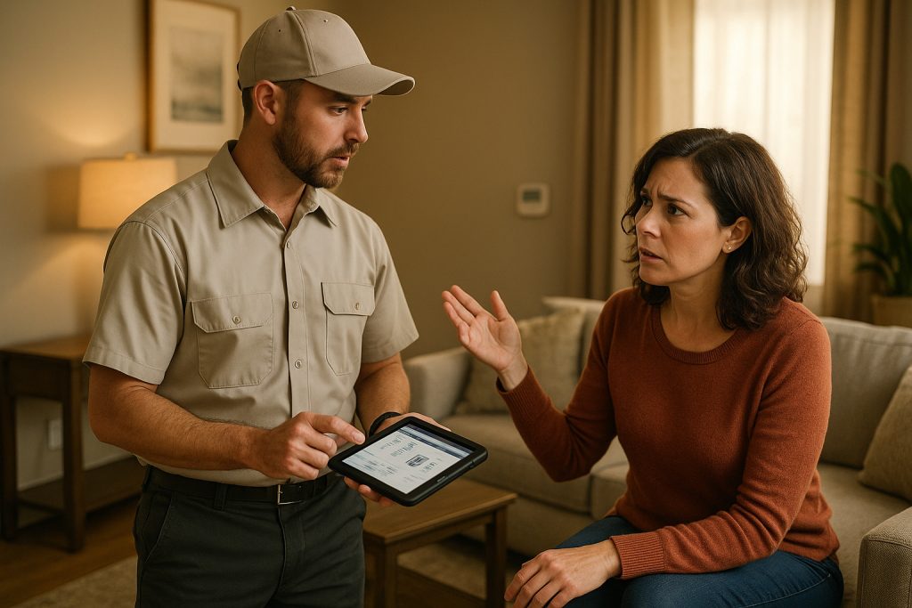 Roswell homeowner discussing heater replacement options with HVAC technician