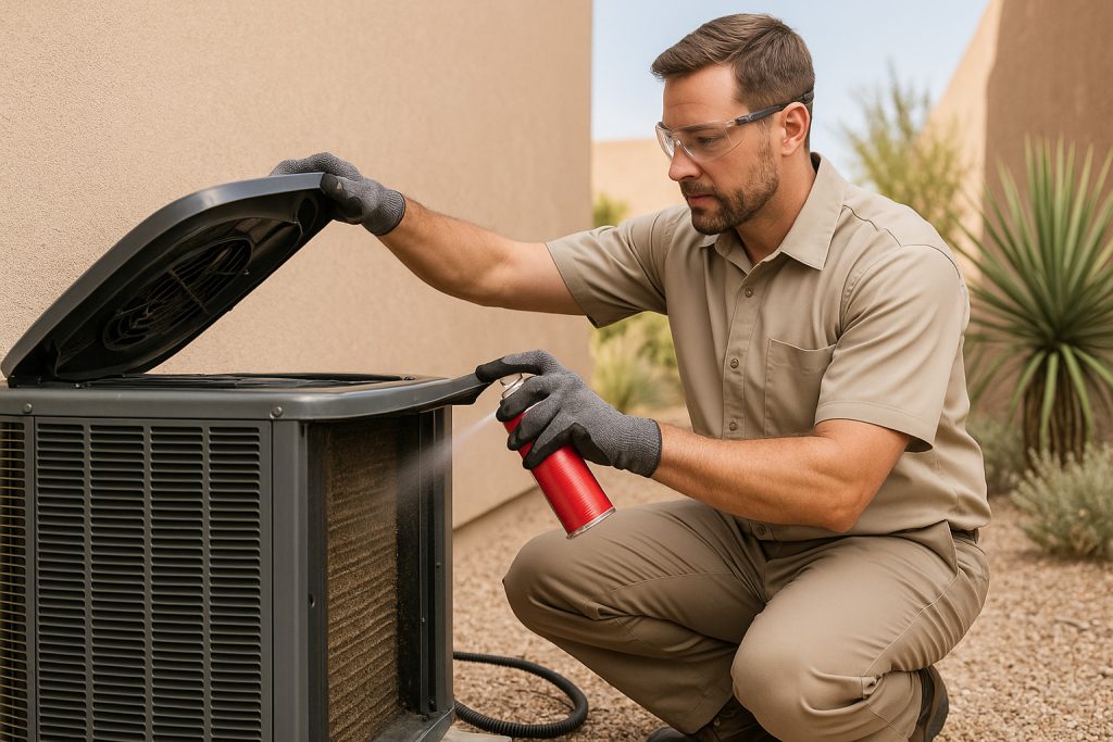 Technician cleaning outdoor AC condenser coils with safety gear