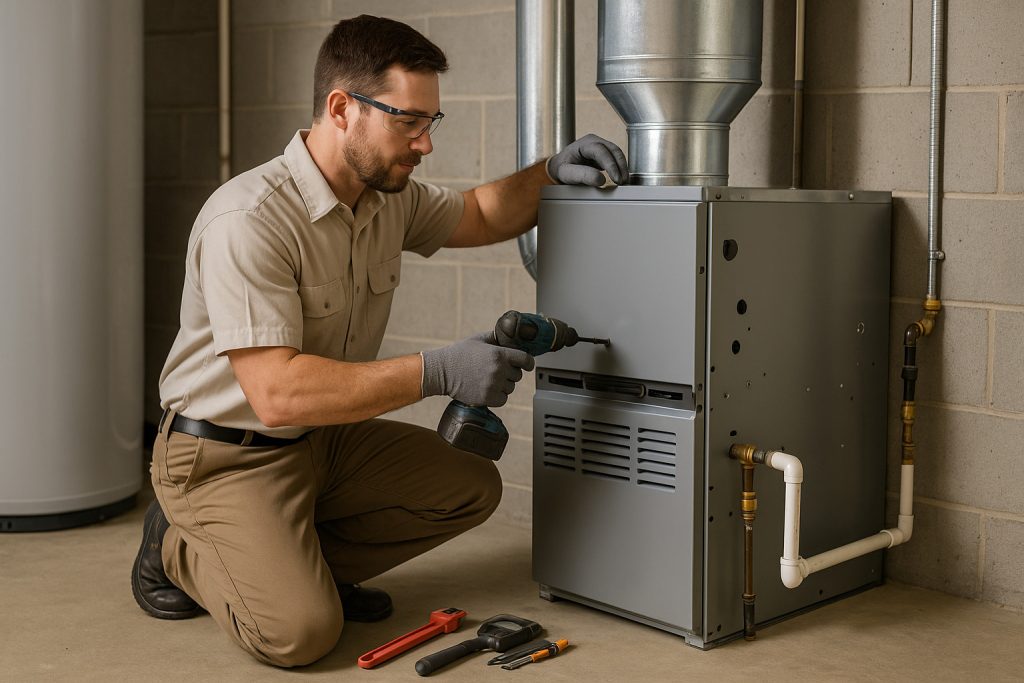 Technician installing new furnace and connecting ductwork in basement