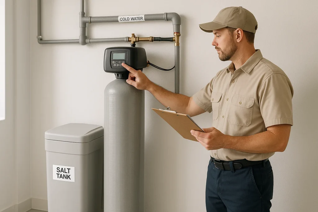 technician inspecting whole-home water softener system in clean utility room