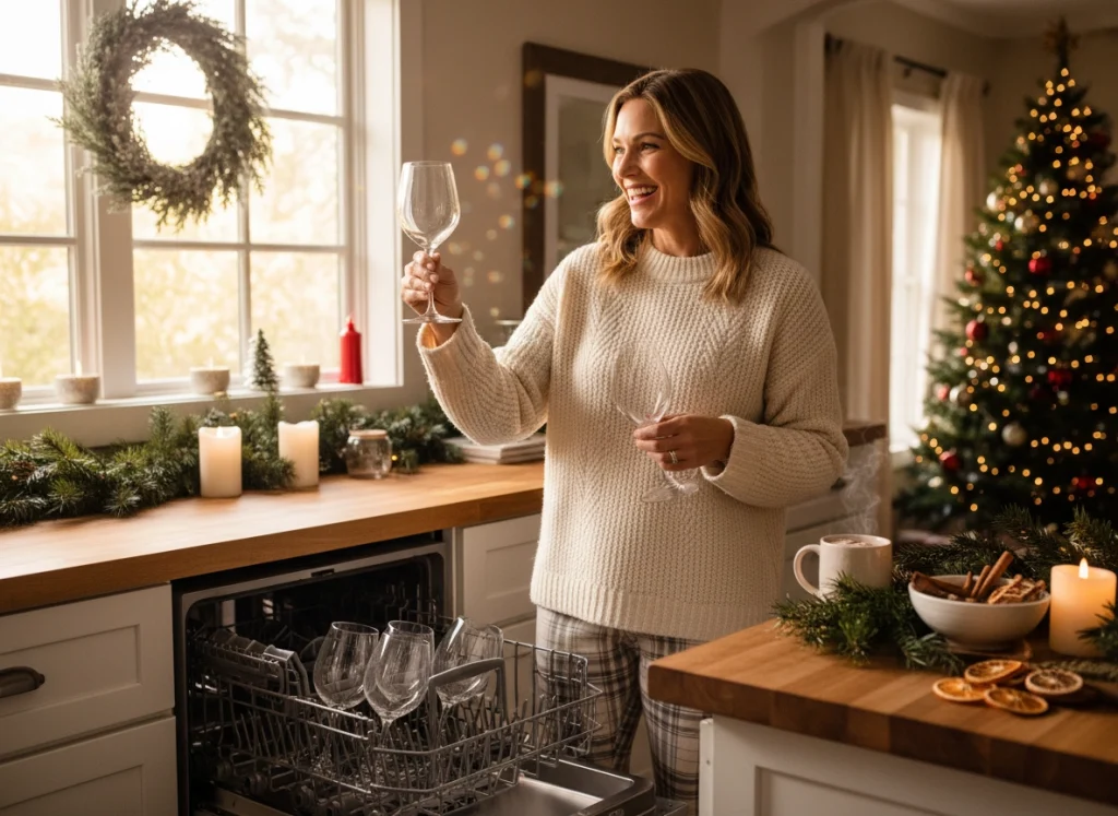 A woman admiring her clean glassware from her dishwasher.
