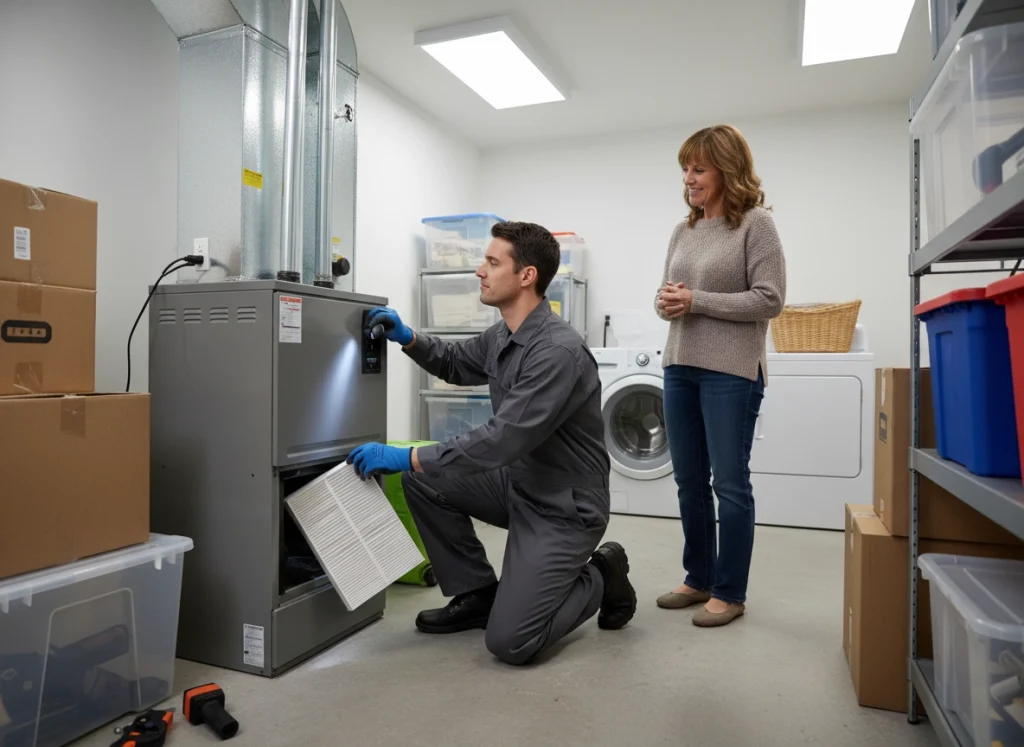 HVAC technician performing furnace tune‑up in basement before winter heating season