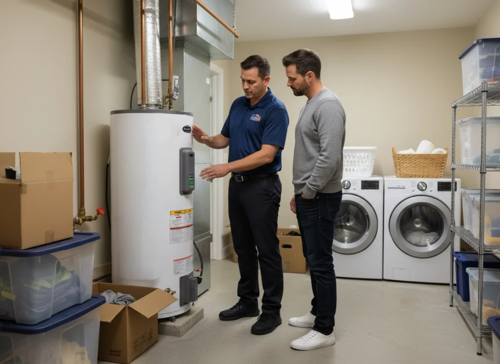 Technician explaining modern high‑efficiency water heater to homeowner in utility room
