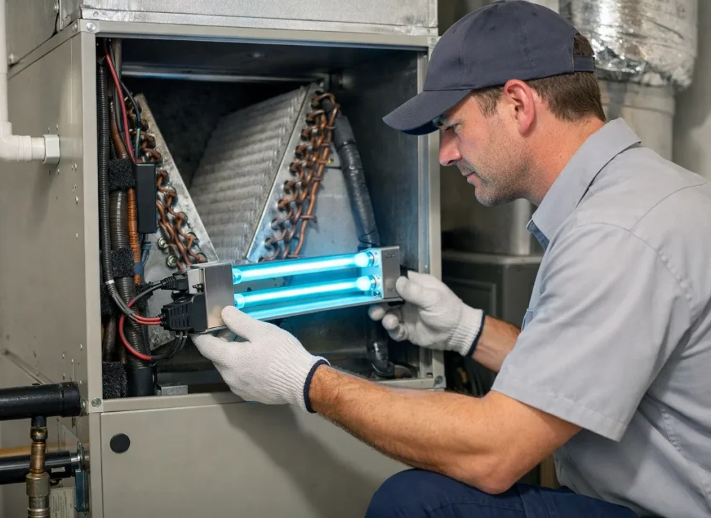 HVAC technician installing UV air purification system