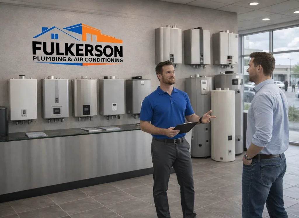 Plumber comparing traditional tankless and hybrid water heater systems