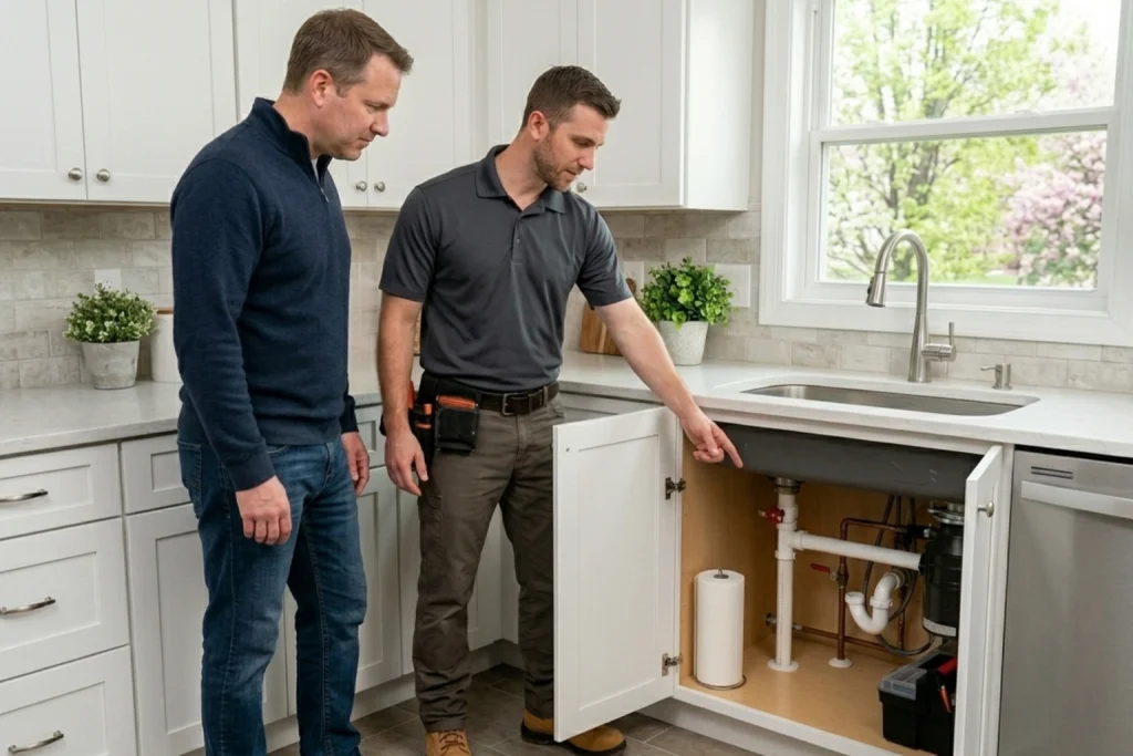 Homeowner reviewing spring plumbing inspection with professional plumber
