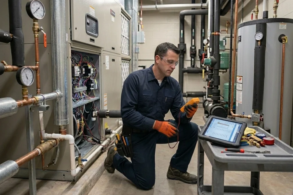 Commercial technician inspecting HVAC and plumbing equipment