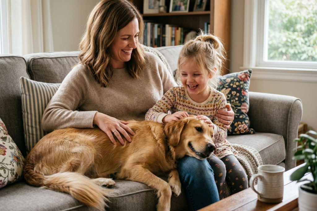 Mom, a dog and her daughter on the couch.