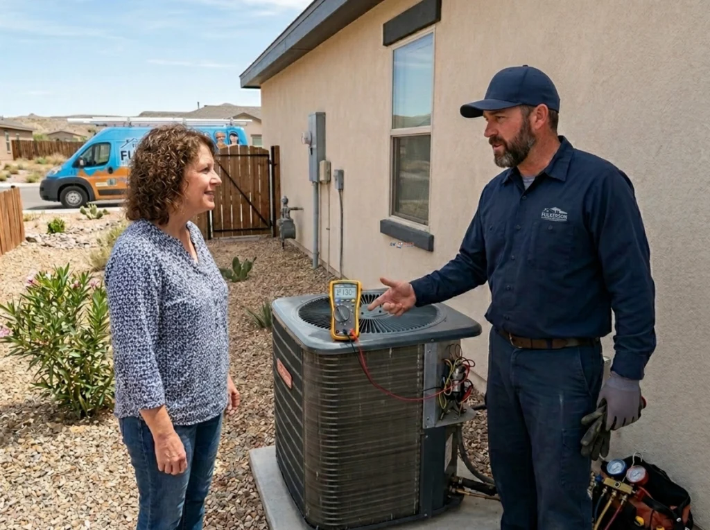 Homeowner and HVAC technician standing on the side of the house, looking at the AC condenser unit.