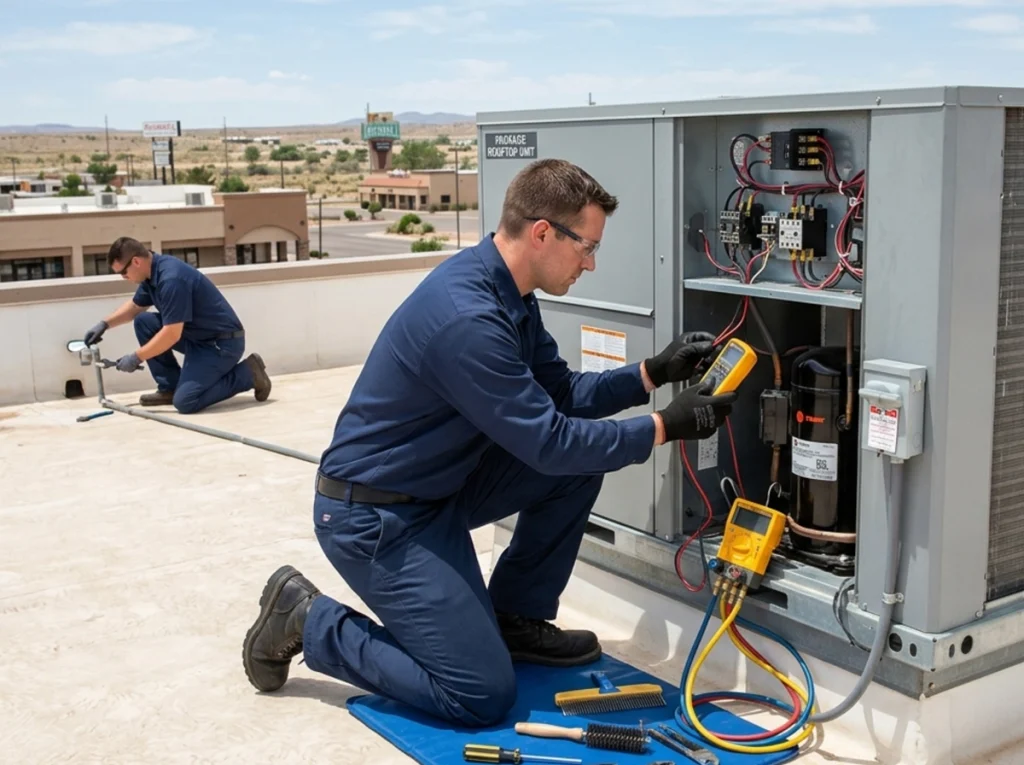 Technicians inspecting commercial rooftop HVAC and plumbing equipment in Roswell