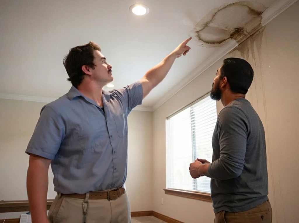 Plumber, pointing out a leak in the ceiling