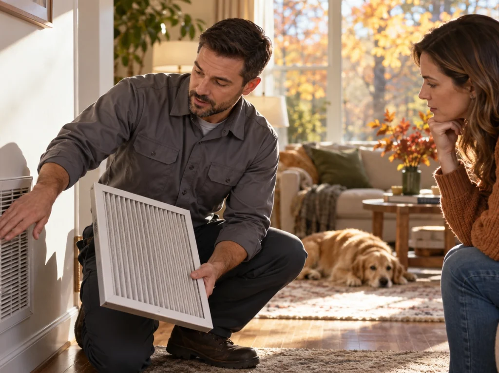 Roswell homeowner discussing fall allergens and indoor air quality with HVAC technician